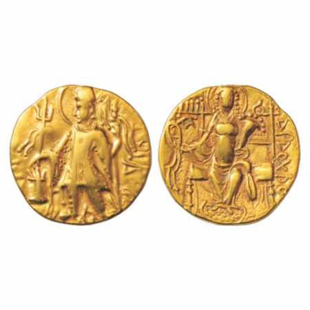 Kushans, Gold Dinar of Vasishka (250-270 AD), Gobl 556, 7.78g. Obv: Nimbate king wearing t