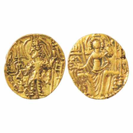 Kushans, Base Gold Dinar of Shaka (270-300 AD), Gobl 591, 7.72g. Obv: Nimbate and armoured