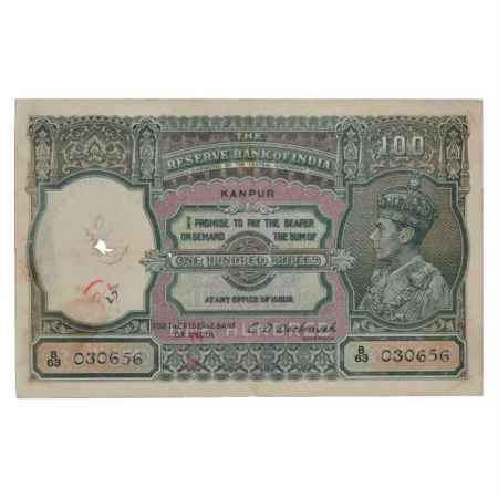 British India, George VI, 100 Rupees, ND (1938), Kanpur Circle, signed by C.D. Deshmukh, S