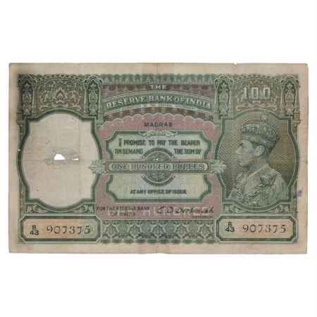 British India, George VI, 100 Rupees, ND (1938), Madras Circle, signed by C.D. Deshmukh, S