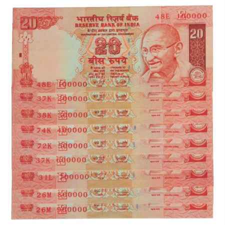 Republic of India, Set of 9 Fancy Number Notes, 20 Rupees, signed by Y.V. Reddy and D. Sub