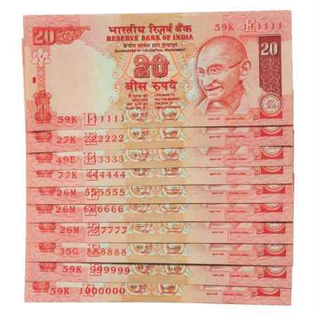 Republic of India, Set of 10 Fancy Number Notes, 20 Rupees, signed by Y.V. Reddy and D. Su