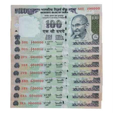 Republic of India, Set of 9 Fancy Number Notes, 100 Rupees, signed by D. Subbarao and Y.V.