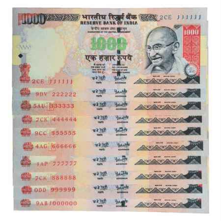 Republic of India, Set of 10 Fancy Number Notes, 1000 Rupees, signed by Y.V. Reddy, Serial