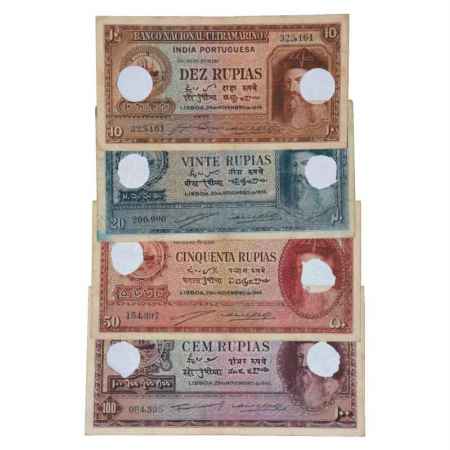 Indo-Portuguese Territories, 4 different Rupias with Cancel Holes, 10 Rupias, J&R 12.30.5,