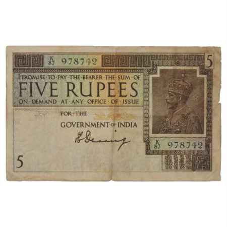 British India, George V, 5 Rupees, ND (1925), signed by H. Denning, Serial No.: K87 978742