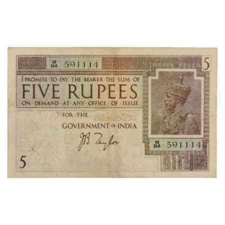 British India, George V, 5 Rupees, ND (1925), signed by J.B. Taylor, Serial No.: M84 59111