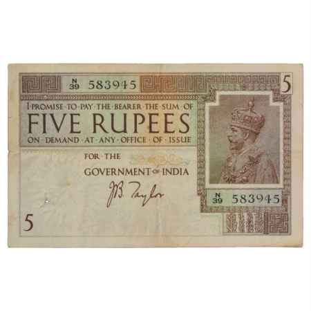 British India, George V, 5 Rupees, ND (1925), signed by J.B. Taylor, Serial No.: N39 58394