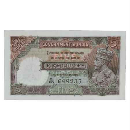 British India, George V, 5 Rupees, ND (1934), signed by J.W. Kelly, Serial No.: Q85 649237