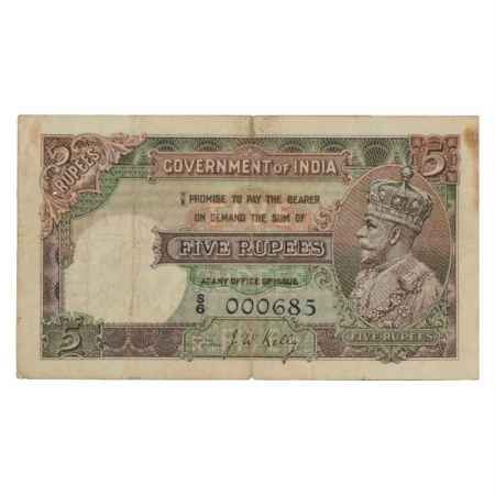British India, George V, 5 Rupees, ND (1934), signed by J.W. Kelly, Serial No.: S6 000685,