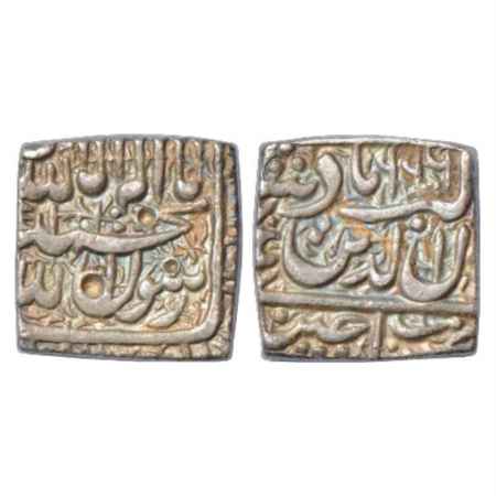 Akbar (1556-1605 AD), Silver Square Rupee, Ujjain Mint, AH 996, KM 82.7. Most of the inscr