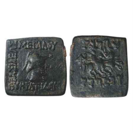 Indo-Greeks, Eucratides (170-145 BC), Bronze Unit, BN series 19, 8.32g. Obv: Helmeted bust