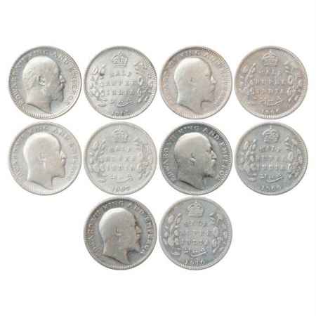 Edward VII, Silver ½ Rupee (5), 1905, 1906, 1907, 1909 and 1910, Calcutta Mint, no mm, PR 