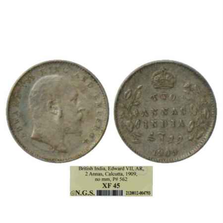Edward VII, Silver 2 Annas, 1909, Calcutta Mint, PR 562. Graded as XF45 by NGS of India, V