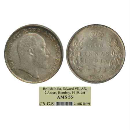 Edward VII, Silver 2 Annas, 1910, Bombay Mint, unlisted in PR. Graded as AMS55 by NGS of I