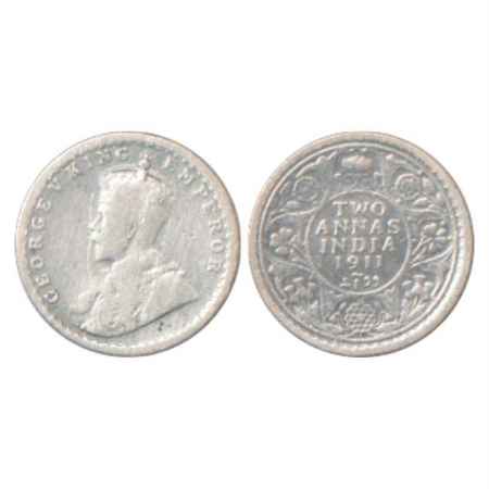 George V, Silver 2 Annas, 1911, Calcutta Mint, no dot, Pig type, PR 564. Very Fine, Very S