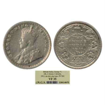 George V, Silver 2 Annas, 1911, Calcutta Mint, no dot, Pig type, PR 564. Graded as VF35 by