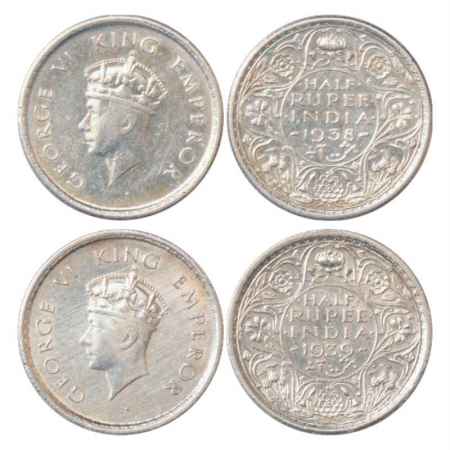 George VI, Silver ½ Rupee (2), 1938 and 1939, Bombay Mint, Head type I, PR 351 and 352. (2