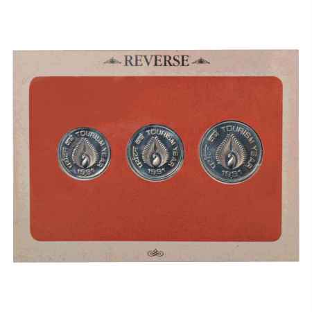 1991, India Tourism Year, UNC set of 3 coins, 5 Rupees, 2 Rupees and 1 Rupee, Bombay Mint,