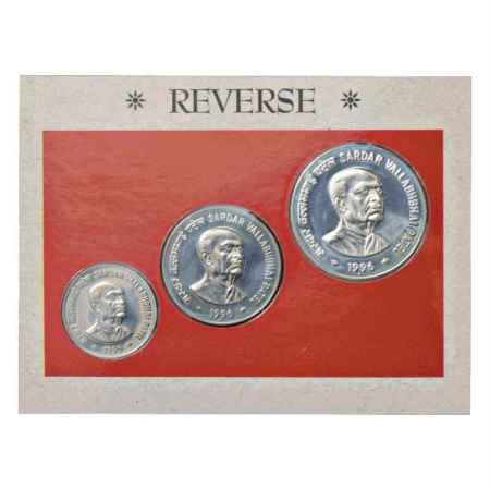 1996, Sardar Vallabhbhai Patel, UNC set of 3 coins, 100 Rupees, 50 Rupees and 10 Rupees, M