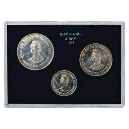 1997, Netaji Subhas Chandra Bose Centenary, UNC set of 3 coins, 100 Rupees, 50 Rupees and 