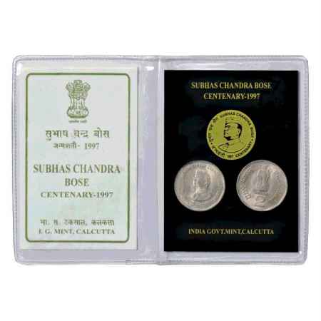 1997, Netaji Subhas Chandra Bose Centenary, UNC Collector's Pack of 2 coins, 2 Rupees, Cal
