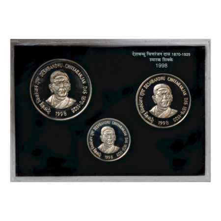 1998, Deshbandhu Chittaranjan Das, UNC set of 3 coins, 100 Rupees, 50 Rupees and 10 Rupees