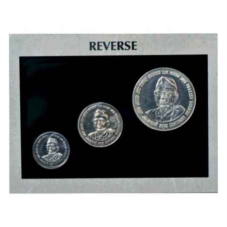 2002, Loknayak Jayaprakash Narayan, UNC set of 3 coins, 100 Rupees, 10 Rupees and 1 Rupee,