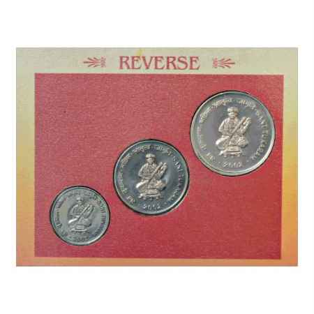 2002, Saint Tukaram, UNC set of 3 coins, 100 Rupees, 50 Rupees and 10 Rupees, Kolkata Mint