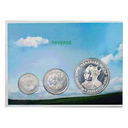 2003, Maharana Pratap, UNC set of 3 coins, 100 Rupees, 10 Rupees and 1 Rupee, Mumbai Mint,