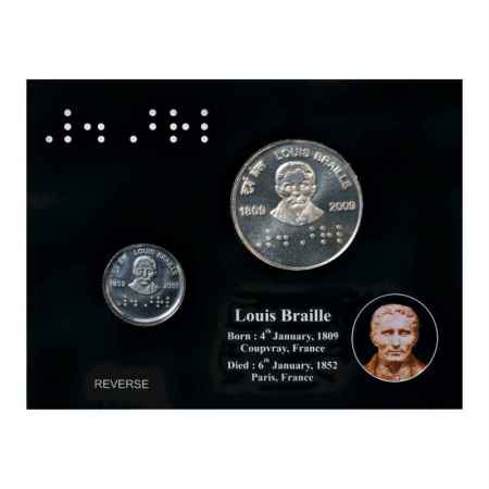 2009, 200th Birth Anniversary of Louis Braille, UNC set of 2 coins, 100 Rupees and 2 Rupee