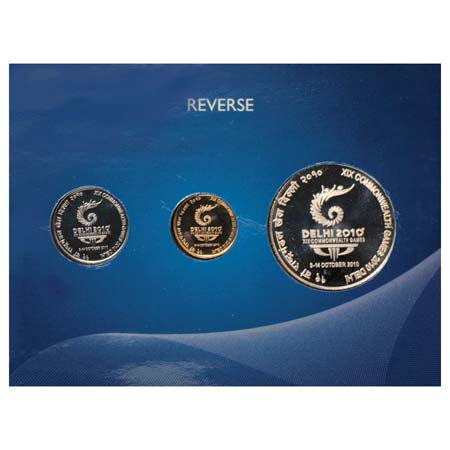 2010, XIX Commonwealth Games Delhi, UNC set of 3 coins, 100 Rupees, 5 Rupees and 2 Rupees,