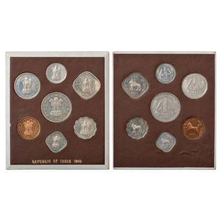 1950, Proof set of 7 coins, Nickel and Copper, 1 Rupee, ½ Rupee, ¼ Rupee, 2 Annas, 1 Anna,
