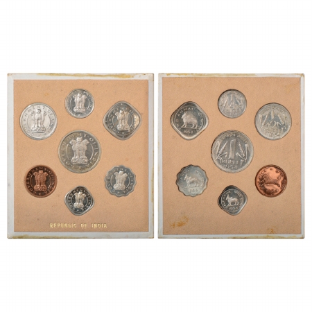 1954, Proof set of 7 coins, Nickel and Copper, 1 Rupee, ½ Rupee, ¼ Rupee, 2 Annas, 1 Anna,