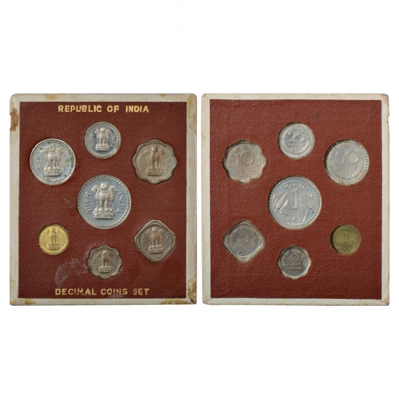 1962, Proof set of 7 coins, Nickel and Copper, 1 Rupee, 50 Naya Paise, 25 Naya Paise, 10 N