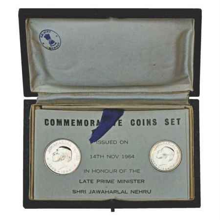 1964, Jawaharlal Nehru, Proof set of 2 coins, 1 Rupee and 50 Paise (English), Bombay Mint,