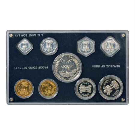 1971, Food for All, Proof set of 9 coins, 10 Rupees, 1 Rupee, 50 Paise, 20 Paise, 10 Paise