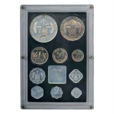 1976, Food & Work for All, Proof set of 10 coins, 50 Rupees, 10 Rupees, 1 Rupee, 50 Paise,