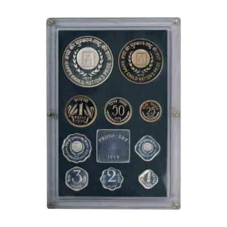 1979, Happy Child Nation's Pride, Proof set of 10 coins, 50 Rupees, 10 Rupees, 1 Rupee, 50