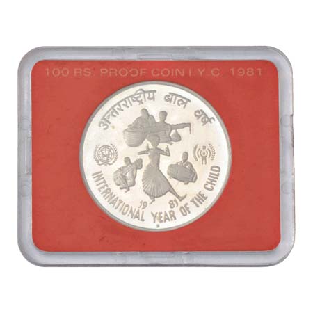 1981, International Year of the Child, Proof set of single coin, 100 Rupees, 29.16g. Bomba