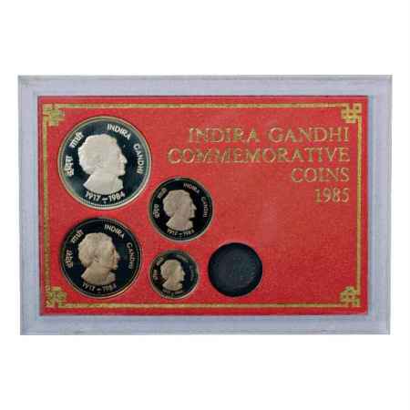 1985, Indira Gandhi, Proof Set of 4 Coins, 100 Rupees, 20 Rupees, 5 Rupees and 50 Paise wi