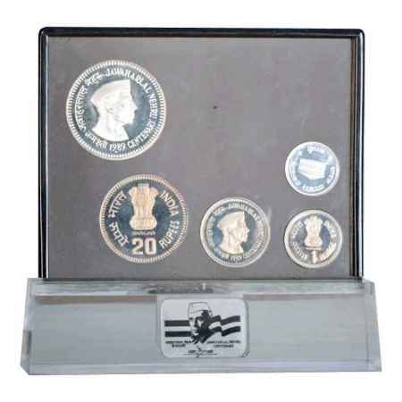 1989, Jawaharlal Nehru Birth Centenary, Proof Set of 4 Coins in acrylic stand, 100 Rupees,