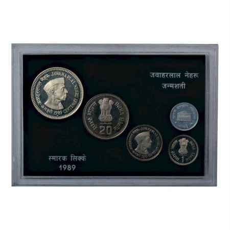 1989, Jawaharlal Nehru Birth Centenary, Proof Set of 4 Coins in acrylic case, 100 Rupees, 