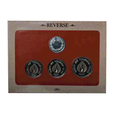 1991, India Tourism Year, Proof set of 3 coins, 5 Rupees, 2 Rupees and 1 Rupee with mint e