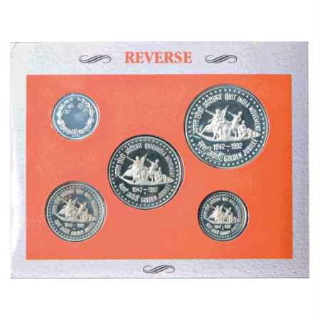 1992, Quit India Movement, Proof set of 4 coins, 100 Rupees, 50 Rupees, 10 Rupees and 1 Ru