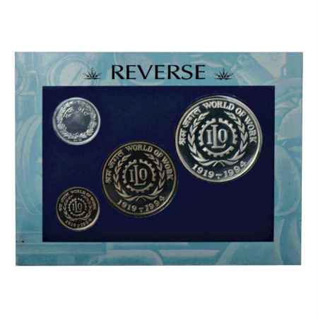 1994, World of Work, Proof set of 3 coins, 100 Rupees, 50 Rupees and 5 Rupees with mint em