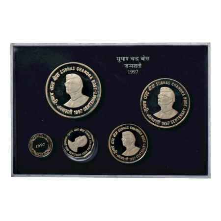 1997, Netaji Subhas Chandra Bose, Proof set of 4 coins, 100 Rupees, 50 Rupees, 10 Rupees a