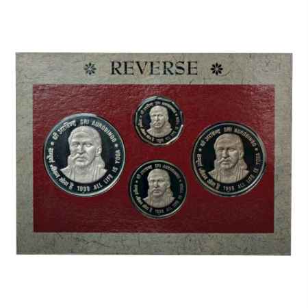 1998, Sri Aurobindo, Proof set of 4 coins, 100 Rupees, 50 Rupees, 10 Rupees and 2 Rupees, 