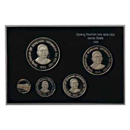 1998, Deshbandhu Chittaranjan Das, Proof set of 4 coins, 100 Rupees, 50 Rupees, 10 Rupees 