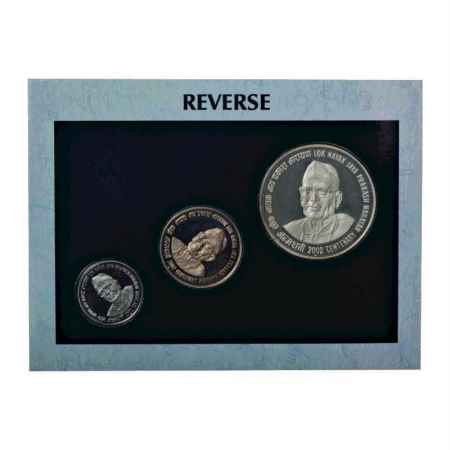 2002, Loknayak Jayaprakash Narayan, Proof set of 3 coins, 100 Rupees, 10 Rupees and 1 Rupe